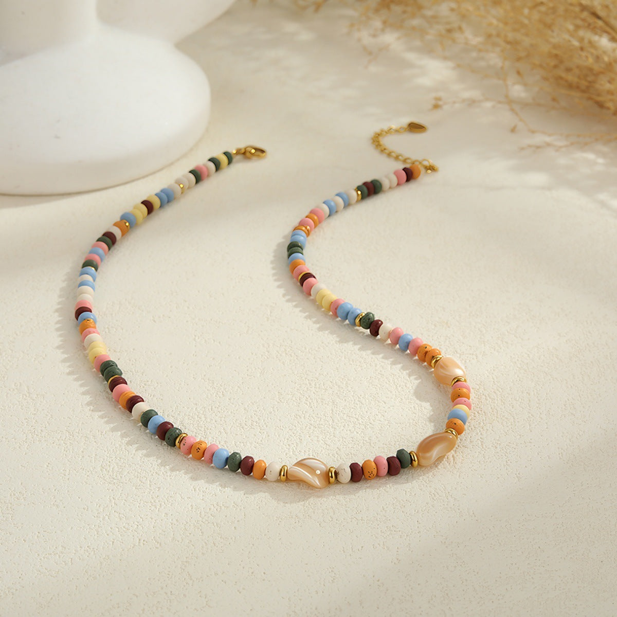 Stainless Steel Natural Stone Color Beaded Necklace