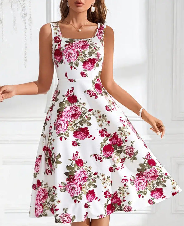 Slim-fit Suspender Dress Fashionable Flower Print