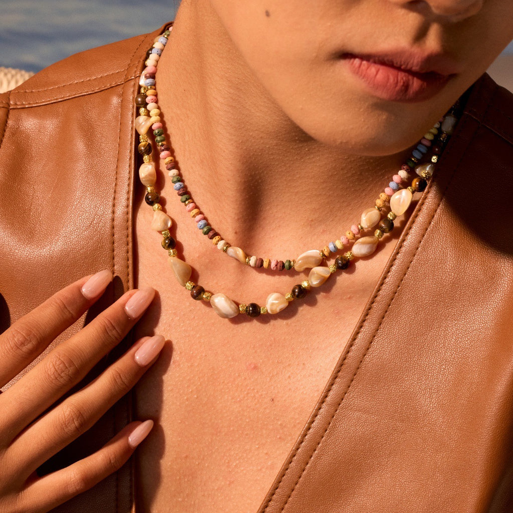 Stainless Steel Natural Stone Color Beaded Necklace