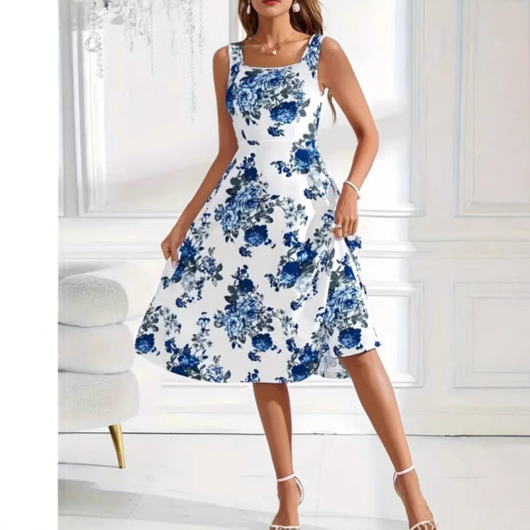 Slim-fit Suspender Dress Fashionable Flower Print