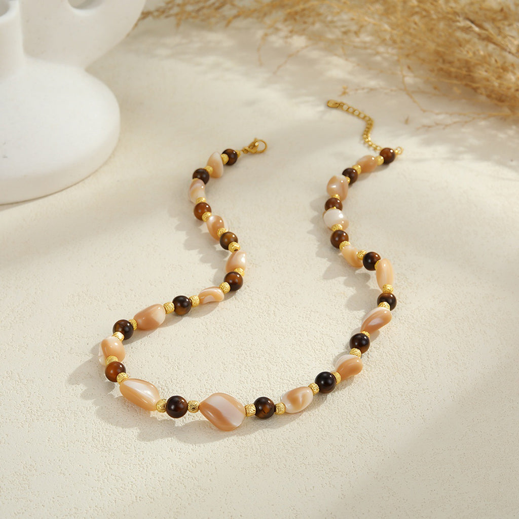 Stainless Steel Natural Stone Color Beaded Necklace