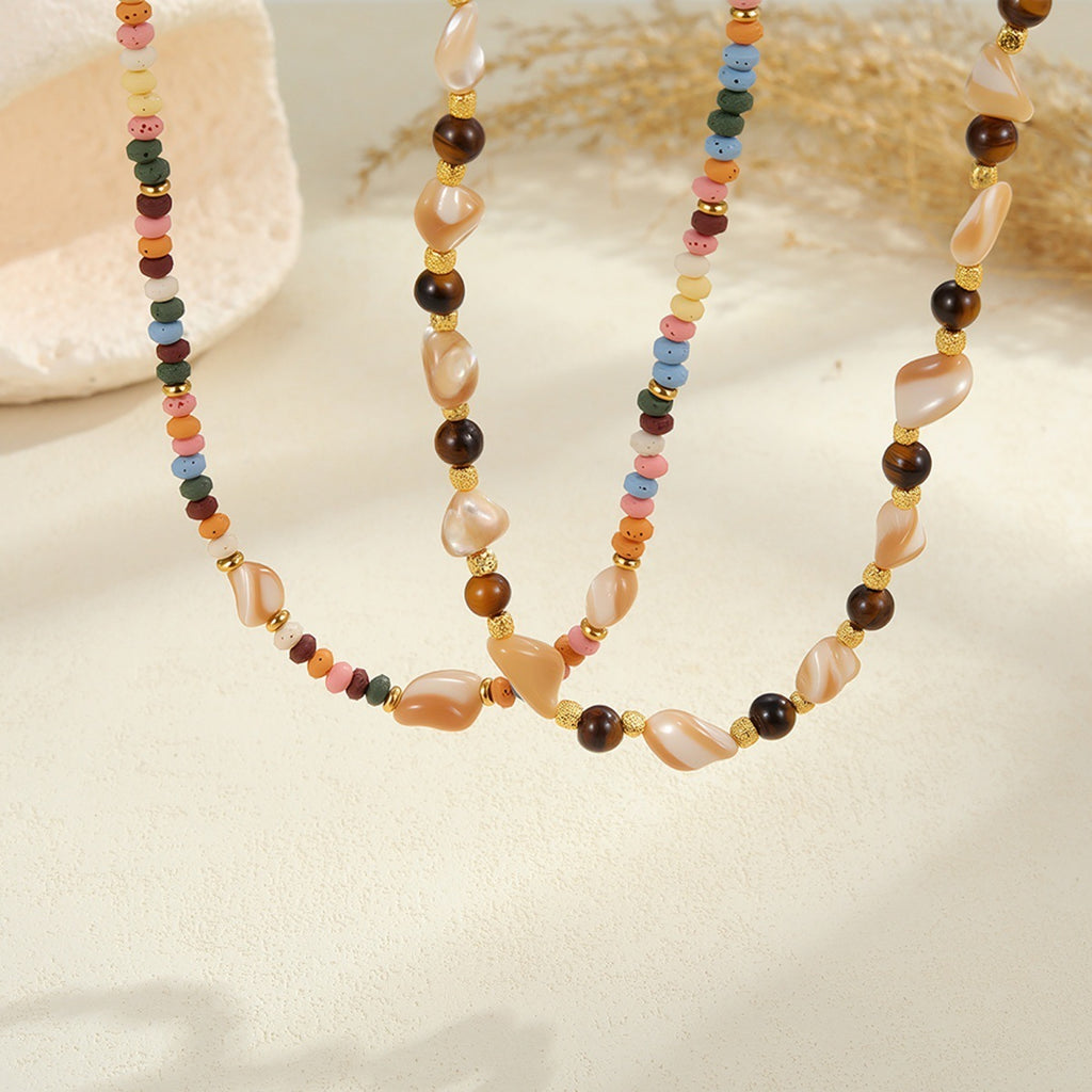 Stainless Steel Natural Stone Color Beaded Necklace