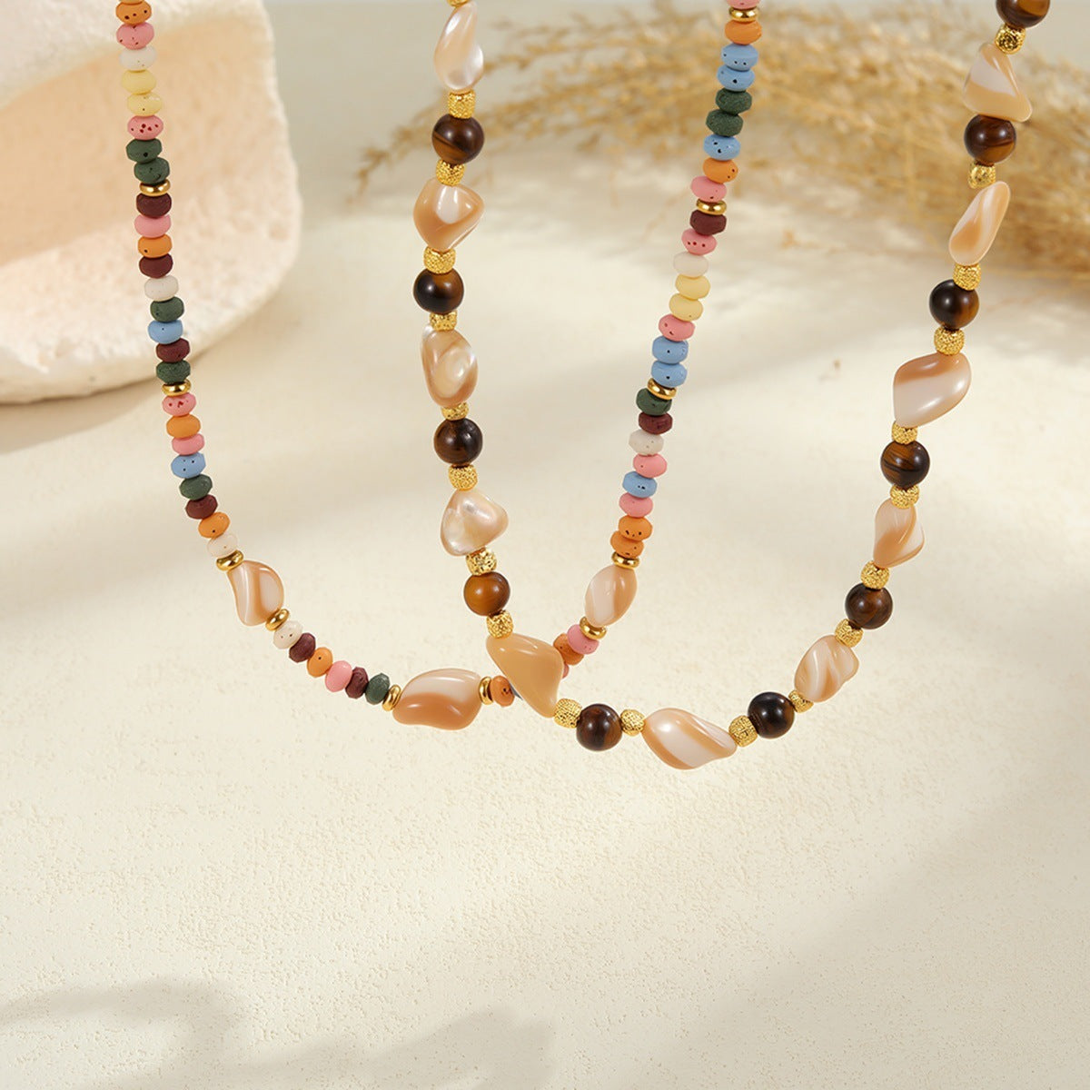 Stainless Steel Natural Stone Color Beaded Necklace