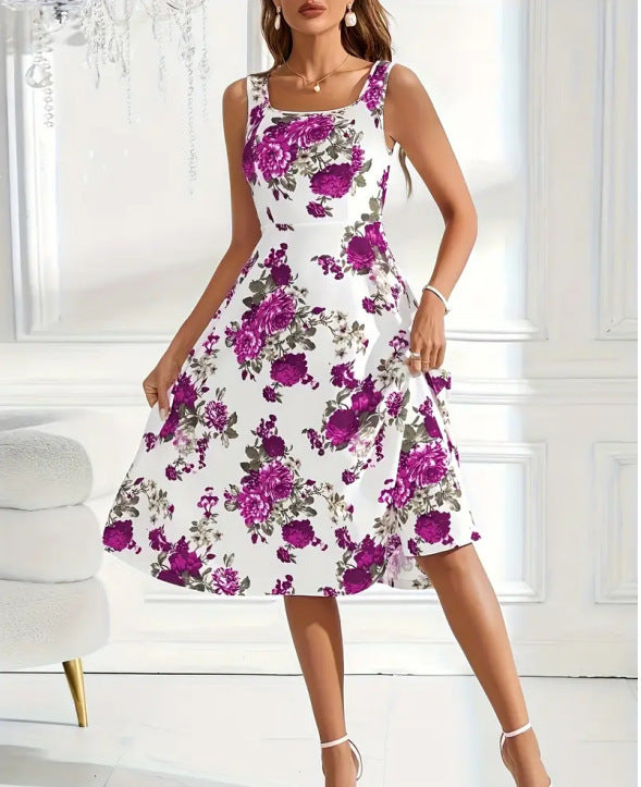 Slim-fit Suspender Dress Fashionable Flower Print