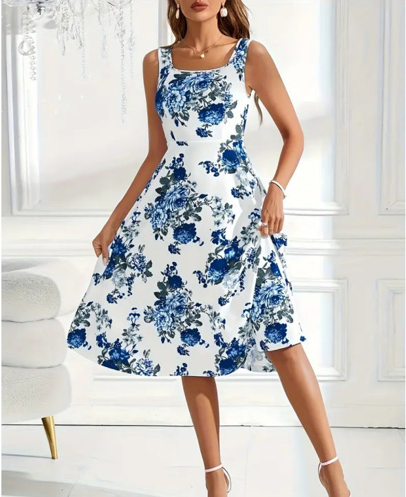 Slim-fit Suspender Dress Fashionable Flower Print